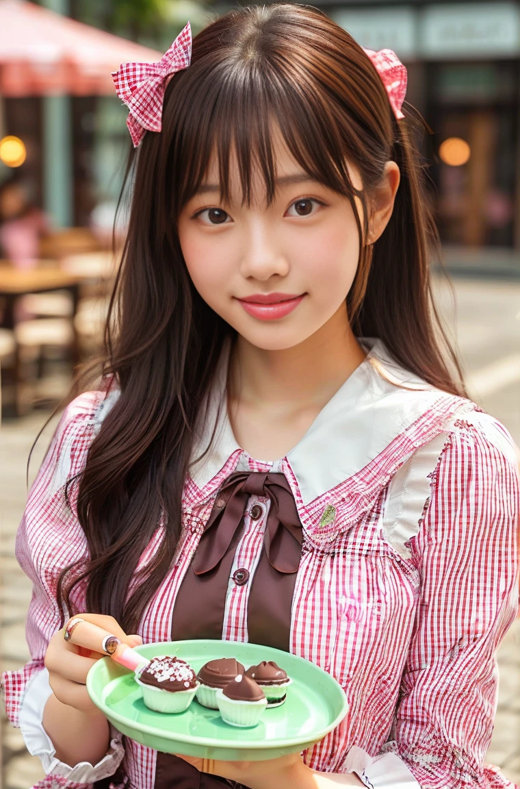 (masterpiece, highest quality:1.2), One girl, woman, 23 years old、 cute、(cuteメイド服を着ている), (Pink gingham check maid outfit:1.5)) Idol Style、smile、(おしゃれでcute喫茶店内:1.4)、whole body、(He brought me a tray of chocolate mint juice..;1.4)、summer、hot