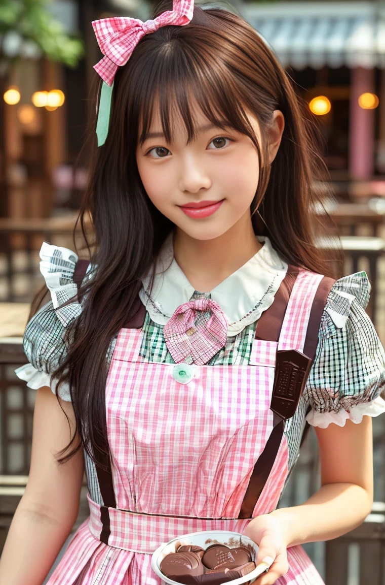 (masterpiece, highest quality:1.2), One girl, woman, 23 years old、 cute、(cuteメイド服を着ている), (Pink gingham check maid outfit:1.5)) Idol Style、smile、(おしゃれでcute喫茶店内:1.4)、whole body、(He brought me a tray of chocolate mint juice..;1.4)、summer、hot