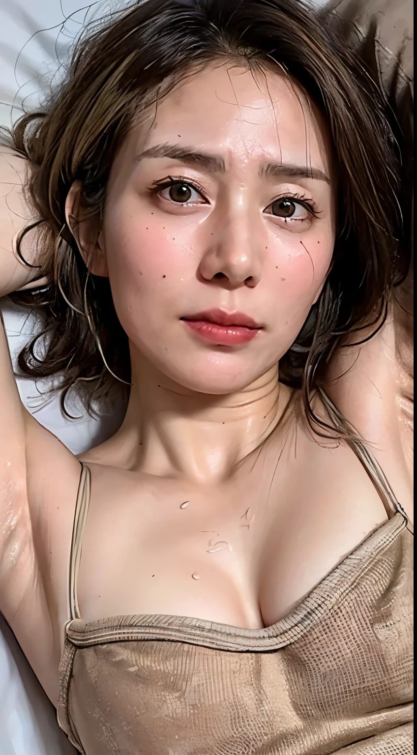 (Realistic:1.3、Ultra HD、Ultra-high resolution、8k、Japanese Housewife、On the bed)、Attention in the armpits、((Look Viewer:1.8))、(Extremely realistic skin texture:1.4)、(Realistic:1.3)、short hair、((Embarrassed look:1.8))、(blonde:1.5)、40-year-old woman、Ponytail hairstyle、(Lift one arm and show your armpit:1.3)、(Brown eyes:1.3)、(Face close-up:1.2)、(Sweaty:1.2)、(Showing nipples)、((Nipples protruding from clothing,))、camisole、Beautiful nipples、Wet nipples、Shooting from the air:1.2