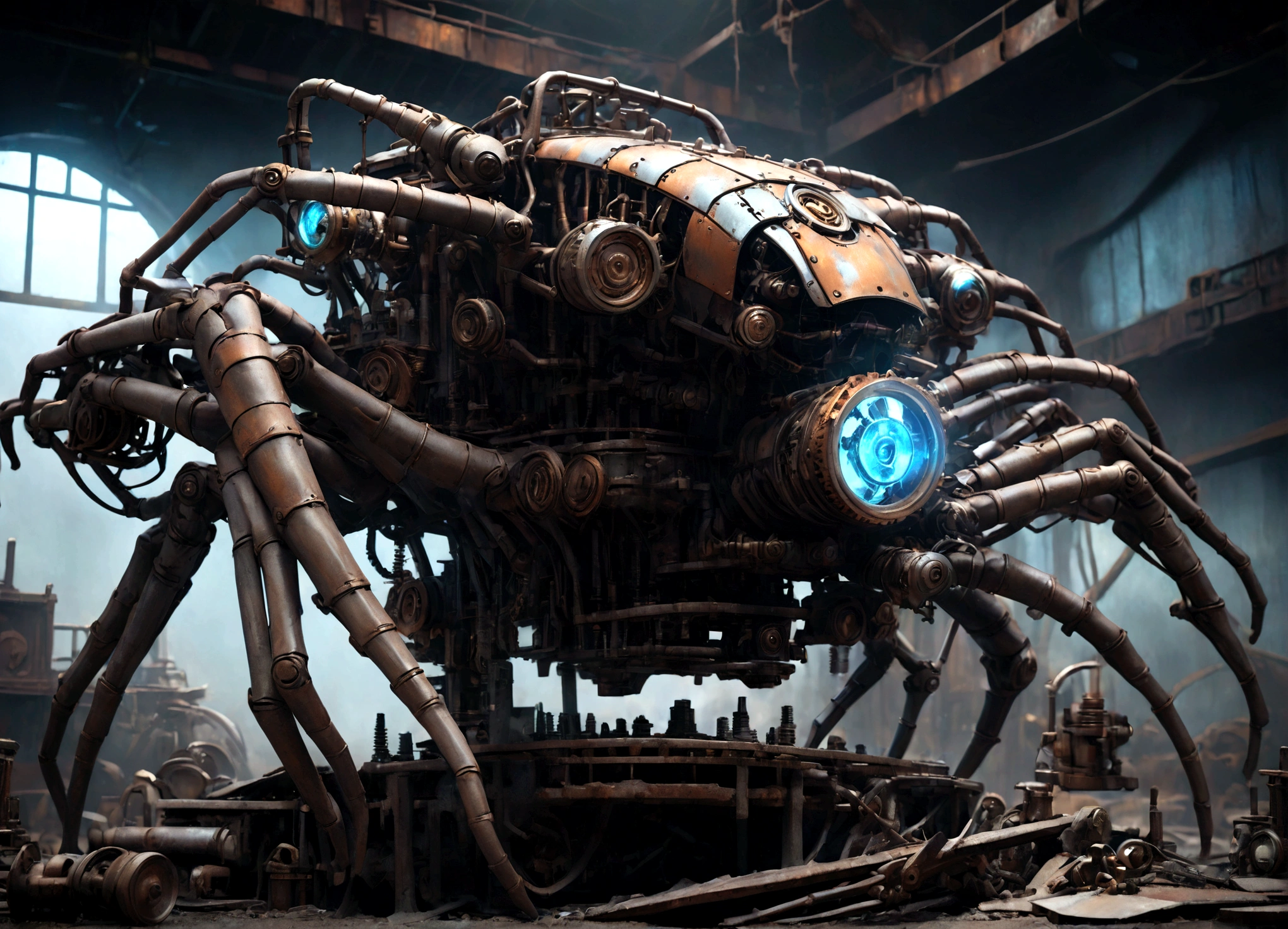 a scrap built spider legged mech, highly detailed mechanical design, intricate machinery, steampunk style, gears and pistons, rust and weathered metal, glowing blue energy core, dramatic lighting, dark moody atmosphere, cinematic composition, photorealistic render, 8k, best quality