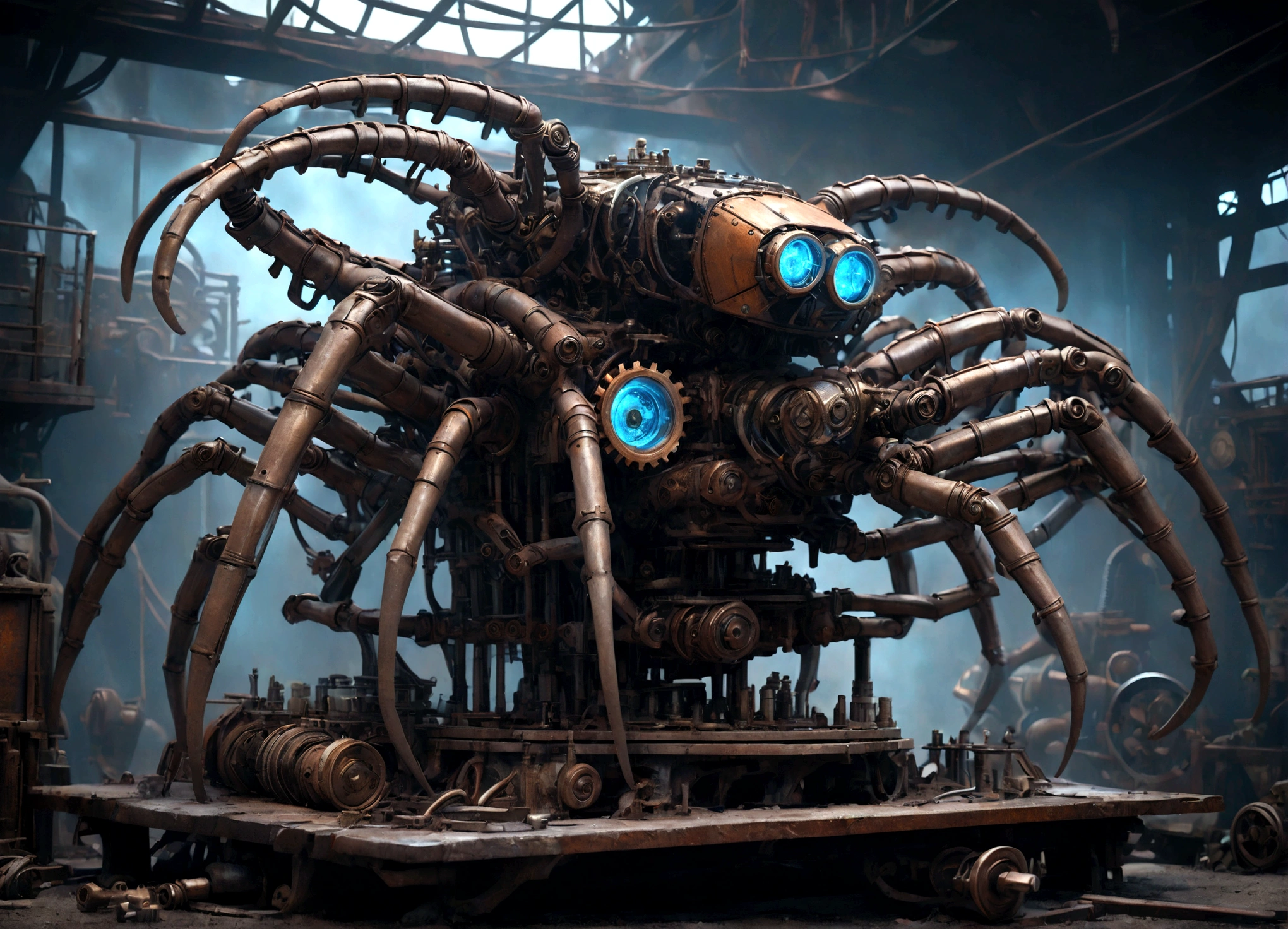 a scrap built spider legged mech, highly detailed mechanical design, intricate machinery, steampunk style, gears and pistons, rust and weathered metal, glowing blue energy core, dramatic lighting, dark moody atmosphere, cinematic composition, photorealistic render, 8k, best quality