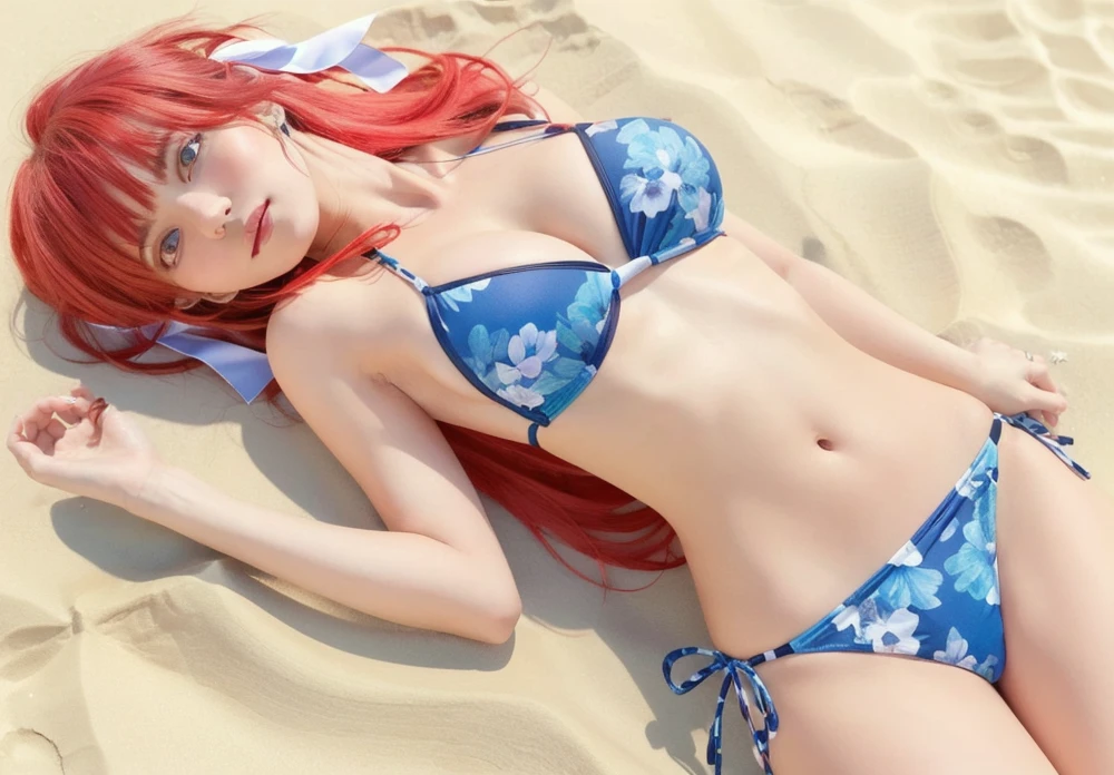 a beautiful woman with long red hair in a high ponytail, wearing a pink hair ribbon, laying on the beach in a bikini, with blunt bangs, beautiful detailed eyes, red eyes, realistic bikini, arms outstretched, photorealistic, 8k, highly detailed, vibrant colors, natural lighting, serene beach scene, soft waves, sandy beach, blue sky, wispy clouds