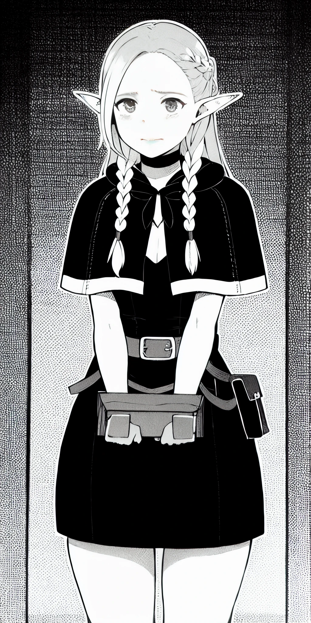 Masterpiece, best quality, monochrome, greyscale, 1girlelf, long hair, braid, twin braids, pointy ears, leather choker, capelet, dress, big belt with pouch