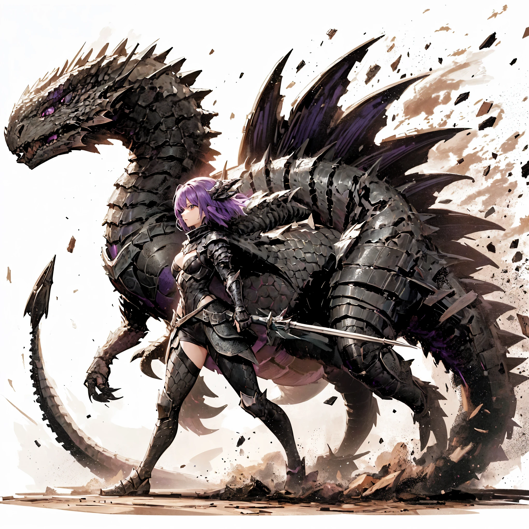 A girl fused with a dragon. image color is black. Purple hair. Bikini armor. A dragon's neck from her shoulder. Scaly armor.