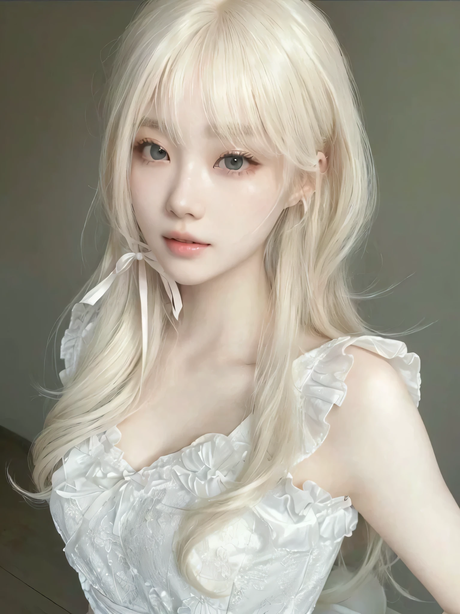 blonde korean girl with long hair and pink bow in white dress, longos cabelos brancos e franja, penteado com corte hime branco, pale pele branca de porcelana, pale milky white porcelain skin, com cabelo branco, com cabelos longos brancos, pele branca de porcelana, perfect white hair asian girl, com longos cabelos brancos, longos cabelos loiros e olhos grandes, jovem anime realista