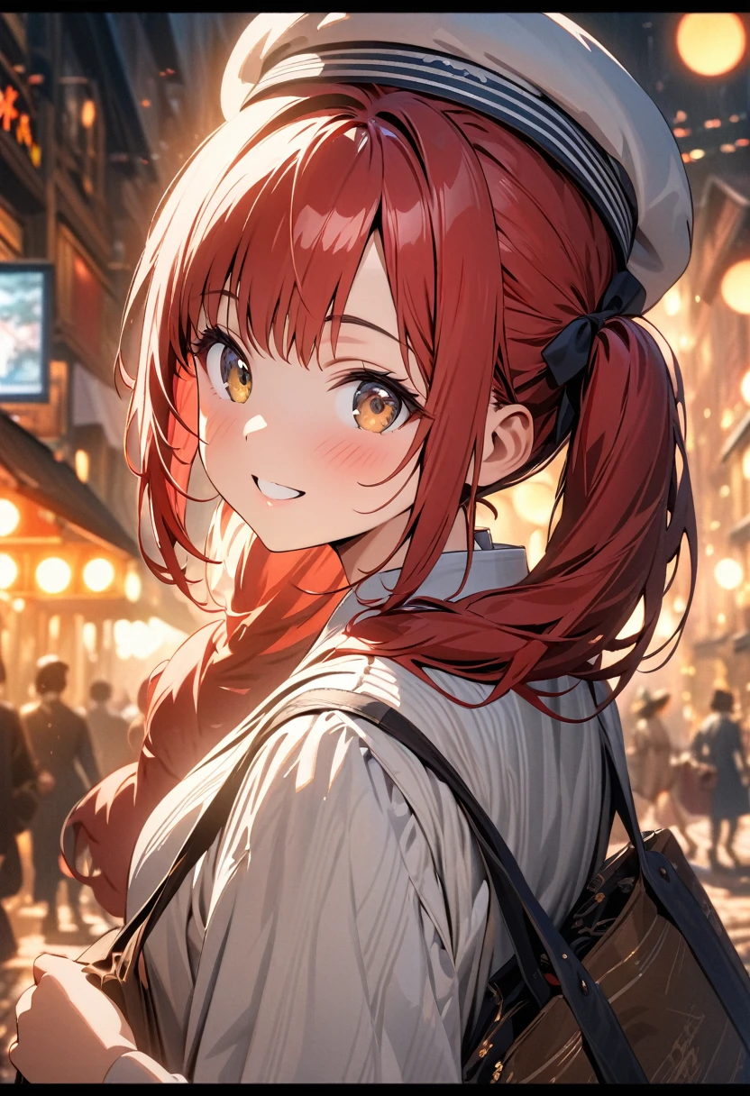 a girl with long red hair in twin tails, wearing white clothes and a white hat from the Taisho era, walking down a street with theaters from the Taisho era, carrying a white bag, turning around and smiling over her shoulder, (best quality,4k,8k,highres,masterpiece:1.2),ultra-detailed,HDR,UHD,studio lighting,ultra-fine painting,sharp focus,physically-based rendering,extreme detail description,professional,vivid colors,bokeh,Taisho Roman atmosphere,portrait