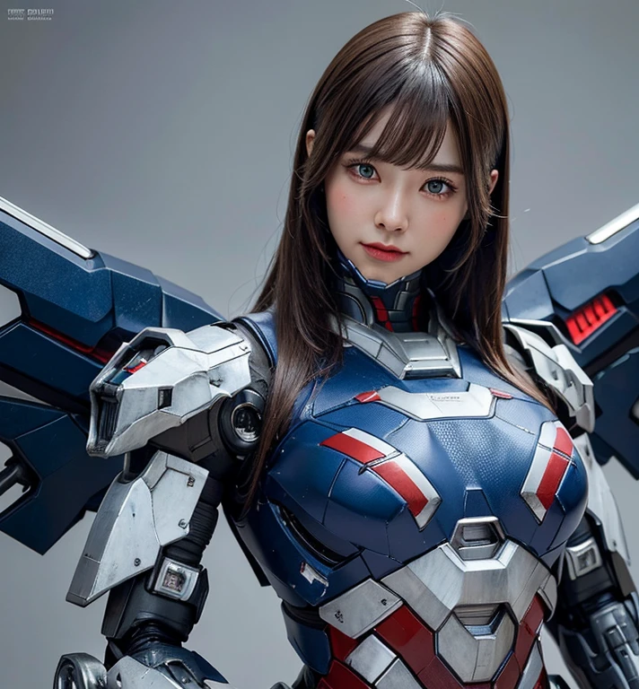 Textured skin, Super Detail, high details, High quality, Best Quality, hight resolution, 1080p, hard disk, Beautiful,(Iron Patriot),beautiful cyborg woman,Mecha Cyborg Girl,Battle Mode,Girl with a Mecha Body,She wears a futuristic Iron Patriot mech,Fulll body Shot