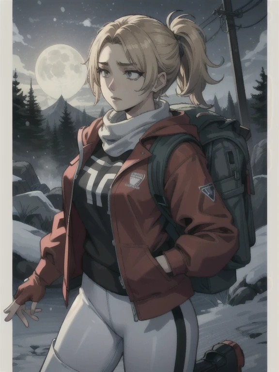 ((Best quality)), ((Masterpiece)), (detailed), (4K quality), (Detailed face:1.2), (Detailed eyes:1.2), (Perfect figure:1.2), 1girl, UDSam, solo, short hair, blonde hair, (Wearing: Red jacket, white leggings, fingerless gloves, snow boots and backpack:1.3), spooky lighting with lot of fog, foggy and snowing weather snowy, blizzard, in a forest, night time with huge white moon, upper body shot, night time ambiance, expressive eyes, detailed shadows, walking, detailed background. She's looking into the camera with a worried and determined feeling. This is a masterpiece that exudes exceptional quality. The illustration is ultra-detailed, Using HDR technology to create a sense of depth. Tone is isolation, gloomy, and anxiety driven, Full of horror elements.
