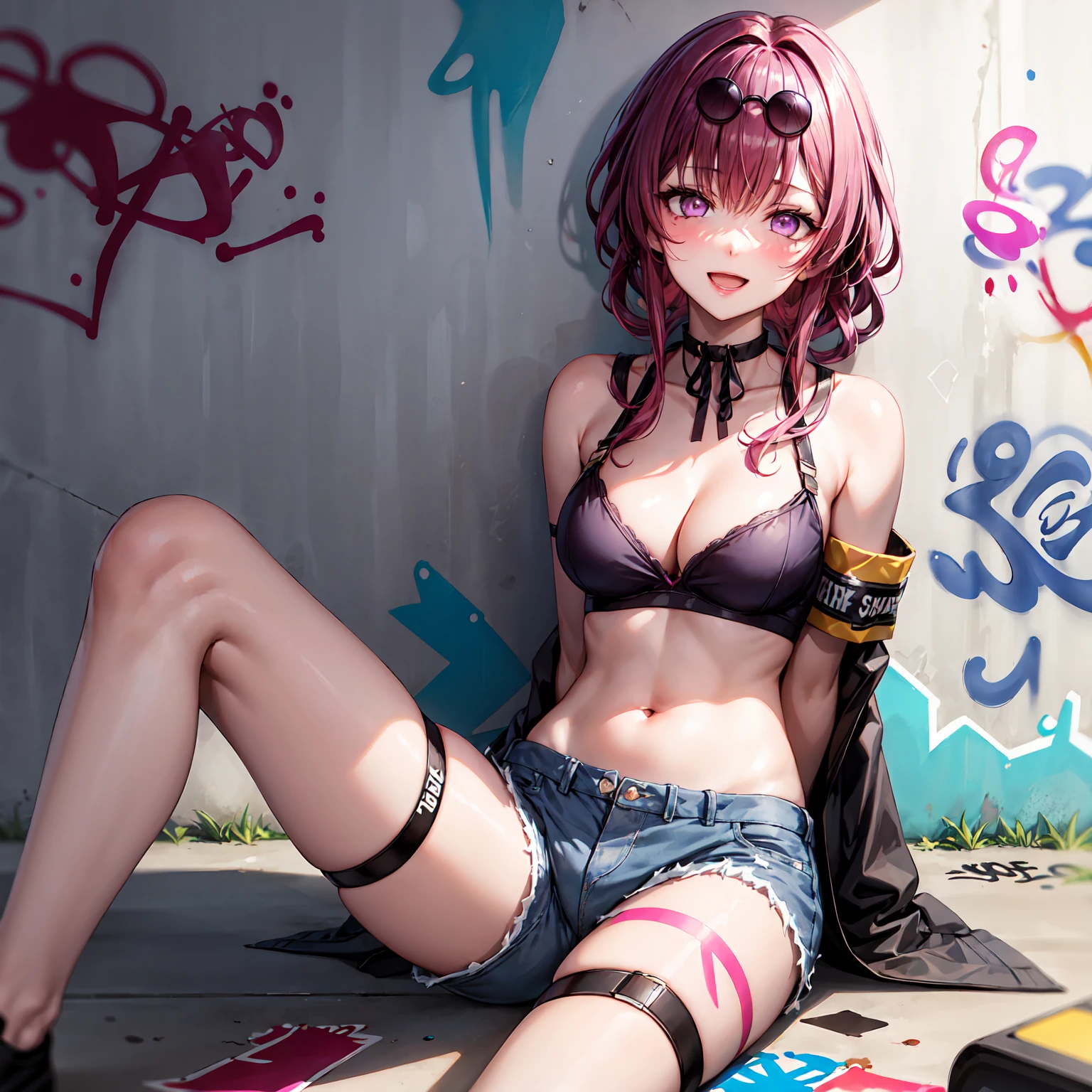 Masterpiece ,best quality , high resolution , ultra detail , colorful , soft light , mild light , sunlight , shinny , (perfect fingers , Detailed fingers, perfect hands) , (1 girl solo:1.38) , (sunglasses, eyewear on head, purple hair, purple eyes ,neck-ribbon , hairban) , (navel , belly , narrow waistline , crop top, denim shorts, choker, (graffiti:1.5), paint splatter, arms behind back, armband, thigh strap, paint on body, head tilt, multicolored hair) , (sitting , sitting on floor) , (cleavage:1.3) , (medium breast:1.3) (outdoor, city, street) , ( full face blush , shy , smile , open mouth) , (middle lengrh shot:1.2 , knee_up-shot , close view , near shot) , (face viewer , look at the viewer)