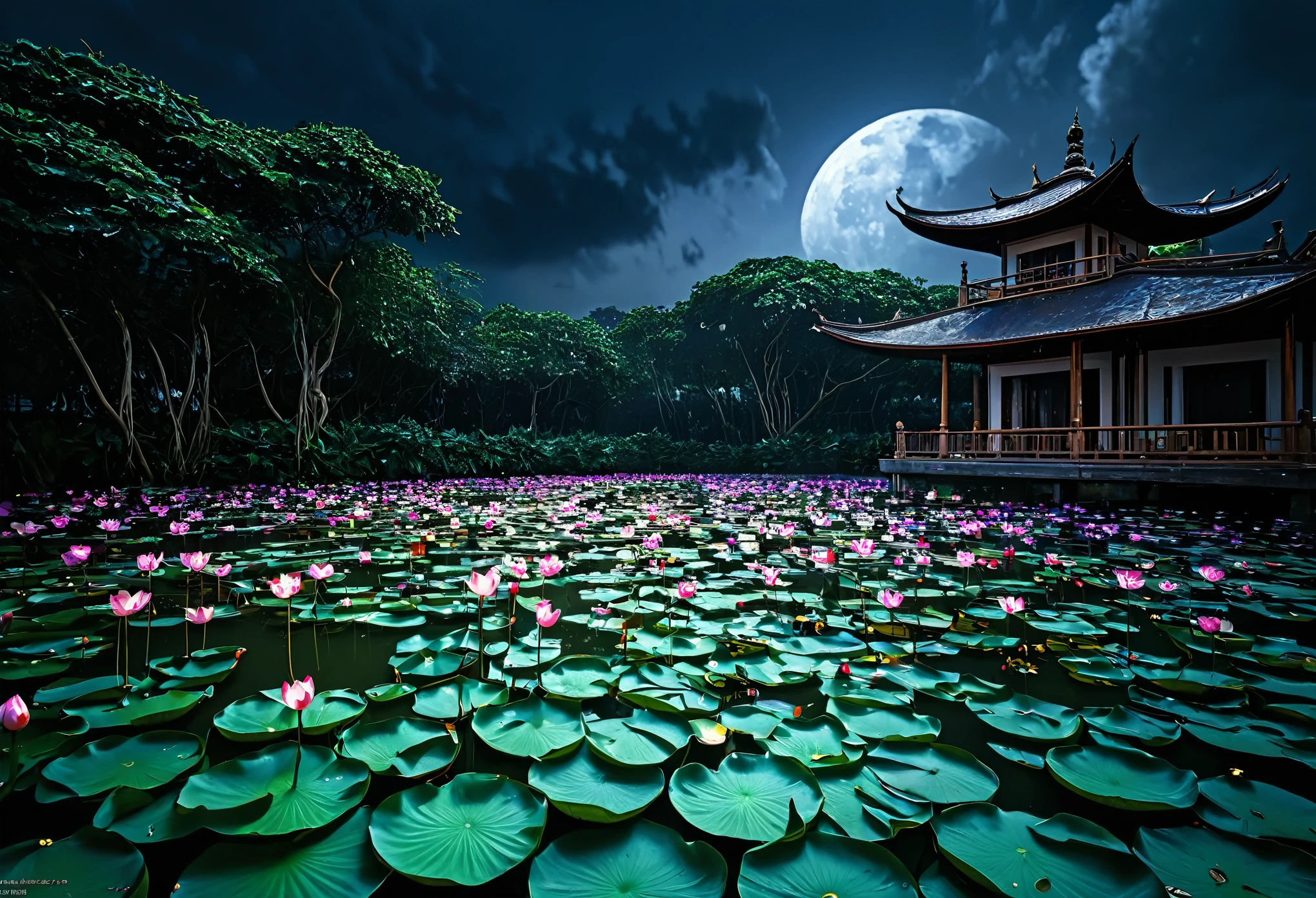 In the midst of a violent storm, the moonlight dances on a lotus pond with exquisite detail. The interplay of light and shade creates a hyper-realistic masterpiece, a winning artwork of the best quality. This high resolution image, rendered in 16k, captures the serene beauty of the lotus pond amid the chaos of the storm. The delicate petals and shimmering water are so vivid, one can almost feel the gentle breeze rustling through the scene. This photograph is a true work of art that immerses viewers in its stunning clarity and lifelike depiction.