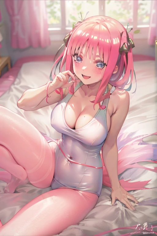 masterpiece, best quality, insanely detailed, beautiful, nino nakano, one-piece swimsuit, , pantyholush, smile, bed room, legs spread