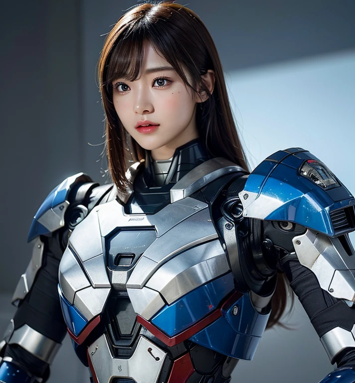 Textured skin, Super Detail, high details, High quality, Best Quality, hight resolution, 1080p, hard disk, Beautiful,(Iron Patriot),beautiful cyborg woman,Mecha Cyborg Girl,Battle Mode,Girl with a Mecha Body,She wears a futuristic Iron Patriot mech,Fulll body Shot