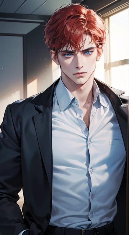 (best quality, masterpiece, 8K, photorealistic, cinematic lighting, 1:4 hdr image, ultra detailed, beautiful image), a mature man, 34 years very handsome, ((cold expression)), short red hair, blue eyes, face perfect without mistakes, ((buttoning his jacket, CEO))