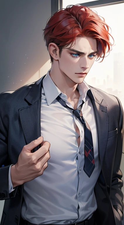 (best quality, masterpiece, 8K, photorealistic, cinematic lighting, 1:4 hdr image, ultra detailed, beautiful image), a mature man, 34 years very handsome, ((cold expression)), short red hair, blue eyes, face perfect without mistakes, ((buttoning his jacket, CEO))