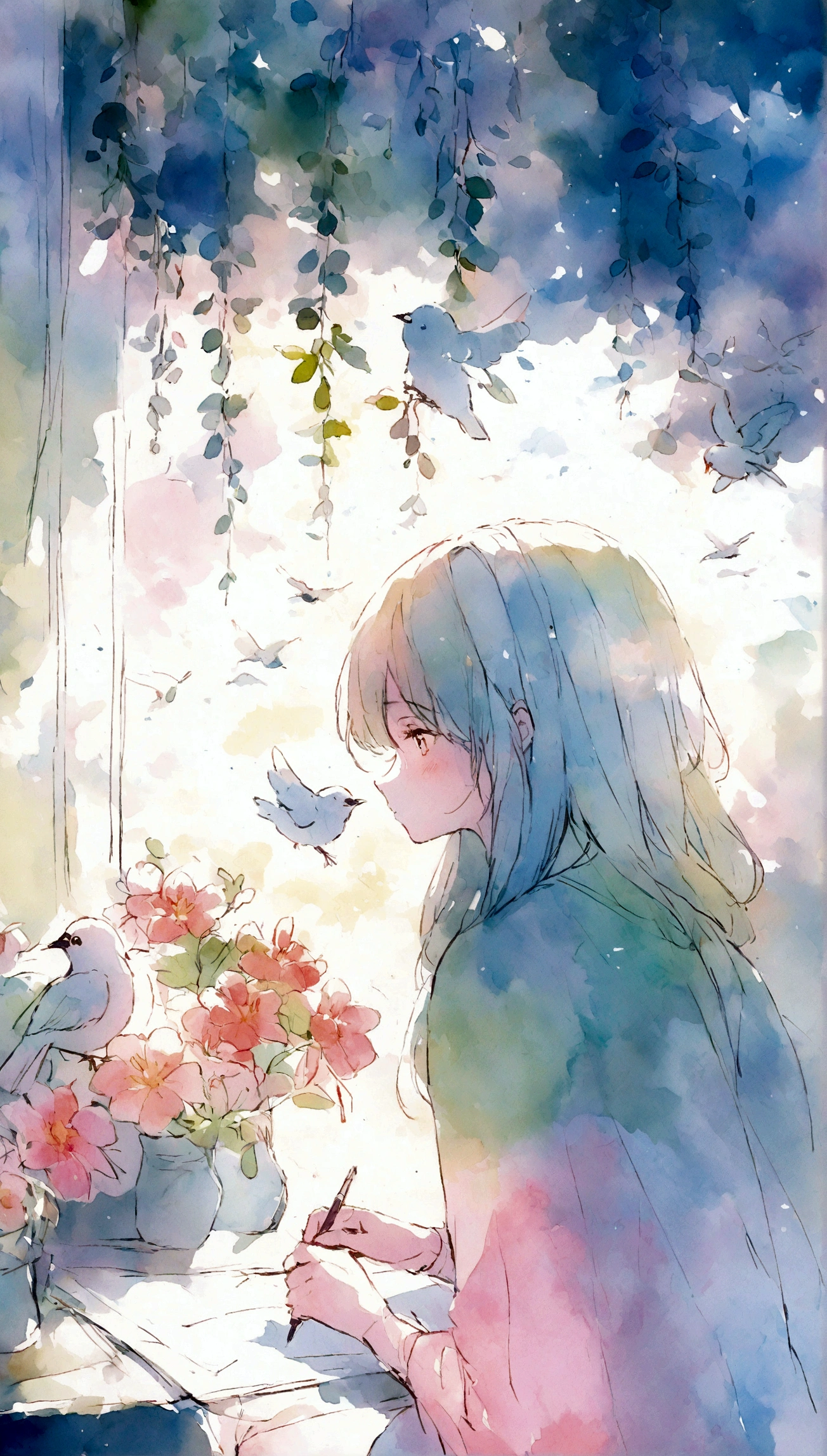 Flowers and birds, sketching, Watercolor color.