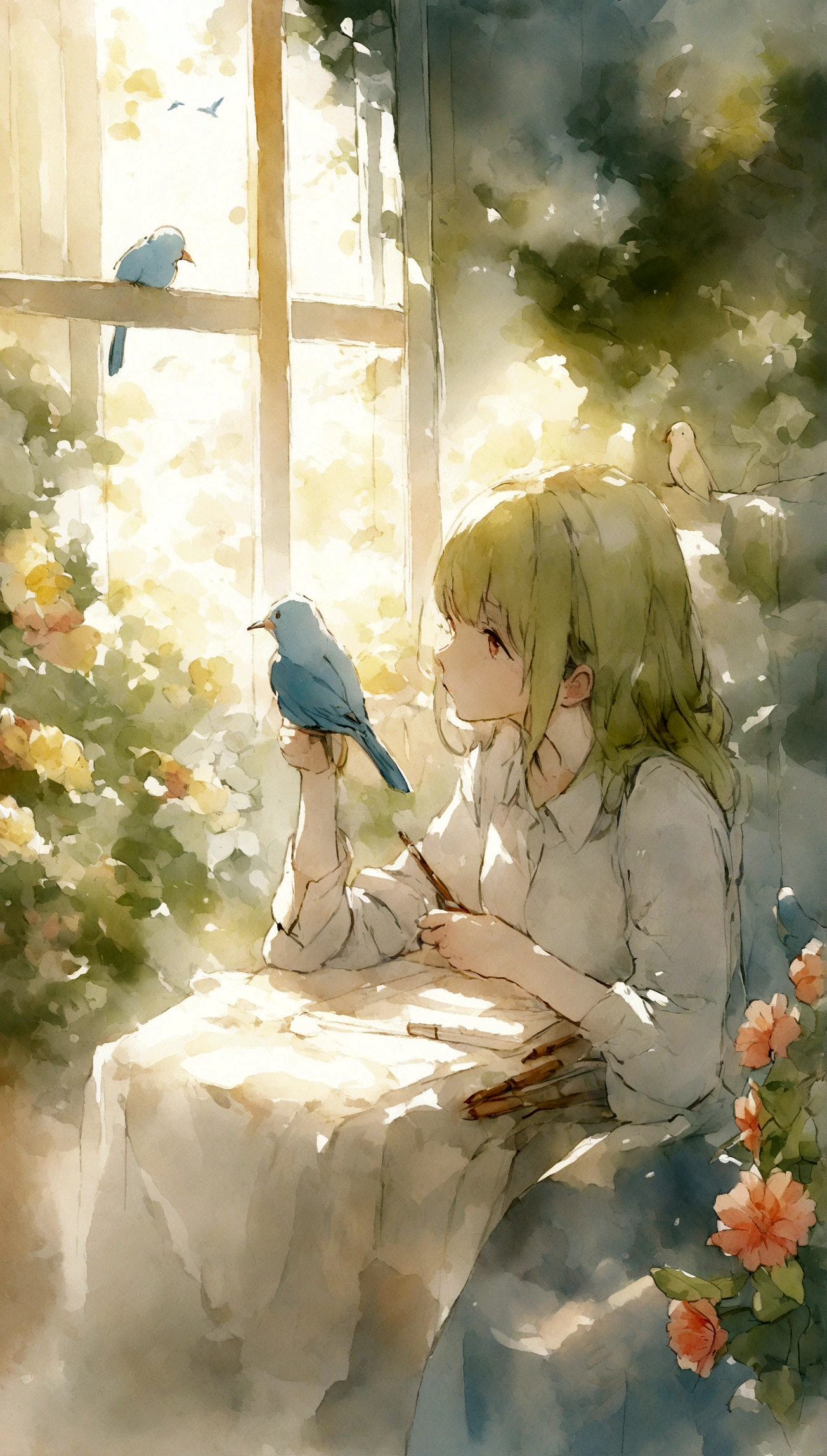 Flowers and birds, sketching, Watercolor color.