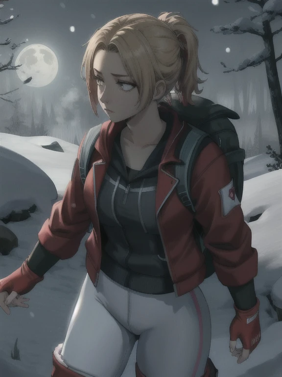 ((Best quality)), ((Masterpiece)), (detailed), (4K quality), (Detailed face:1.2), (Detailed eyes:1.2), (Perfect figure:1.2), 1girl, UDSam, solo, short hair, blonde hair, (Wearing: Red jacket, white leggings, fingerless gloves, snow boots and backpack:1.3), spooky lighting with lot of fog, foggy and snowing weather snowy, blizzard, in a forest, night time with huge white moon, upper body shot, night time ambiance, expressive eyes, detailed shadows, walking, detailed background. She's looking into the camera with a worried and determined feeling. This is a masterpiece that exudes exceptional quality. The illustration is ultra-detailed, Using HDR technology to create a sense of depth. Tone is isolation, gloomy, and anxiety driven, Full of horror elements.