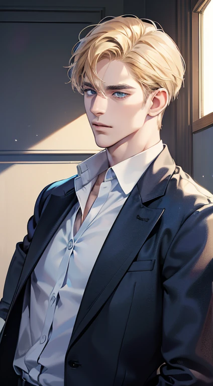 (best quality, masterpiece, 8K, photorealistic, cinematic lighting, 1:4 hdr image, ultra detailed, beautiful image), a mature man, 34 years very handsome, ((cold expression)), short golden hair, blue eyes, face perfect without mistakes, ((buttoning his jacket, CEO))