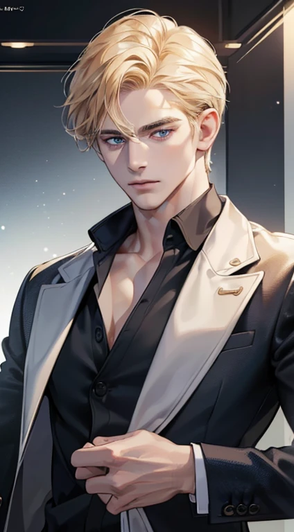 (best quality, masterpiece, 8K, photorealistic, cinematic lighting, 1:4 hdr image, ultra detailed, beautiful image), a mature man, 34 years very handsome, ((cold expression)), short golden hair, blue eyes, face perfect without mistakes, ((buttoning his jacket, CEO))