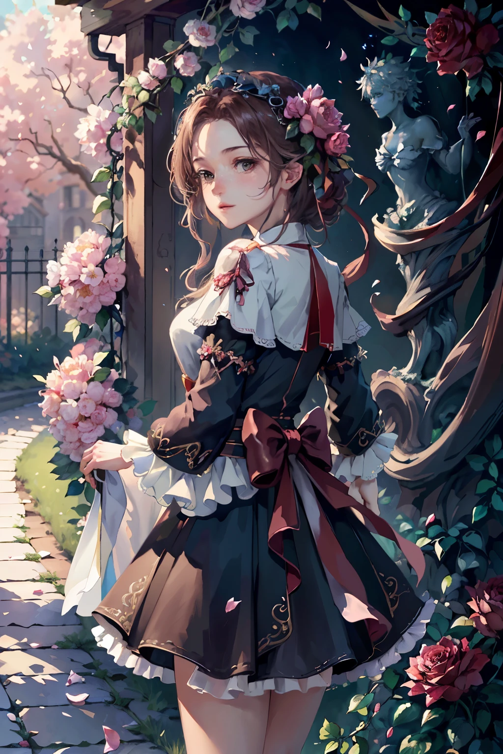 a beautiful, (epiphanic:1.1), (best quality), (masterpiece:1.1), extremely detailed CG Unity 8K wallpaper, rose bushes, rose petals, landscape, Leosia, pure