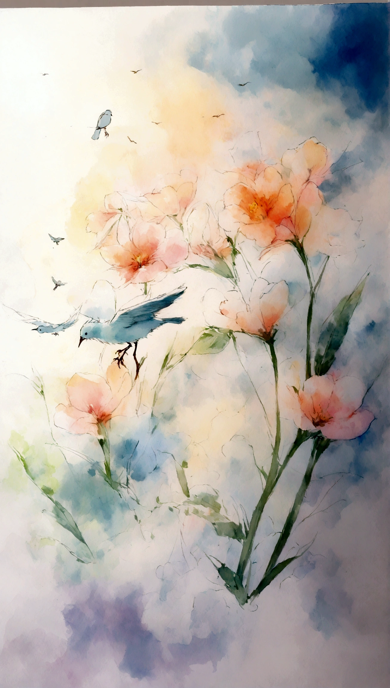 Flowers and birds, sketching, Watercolor color.