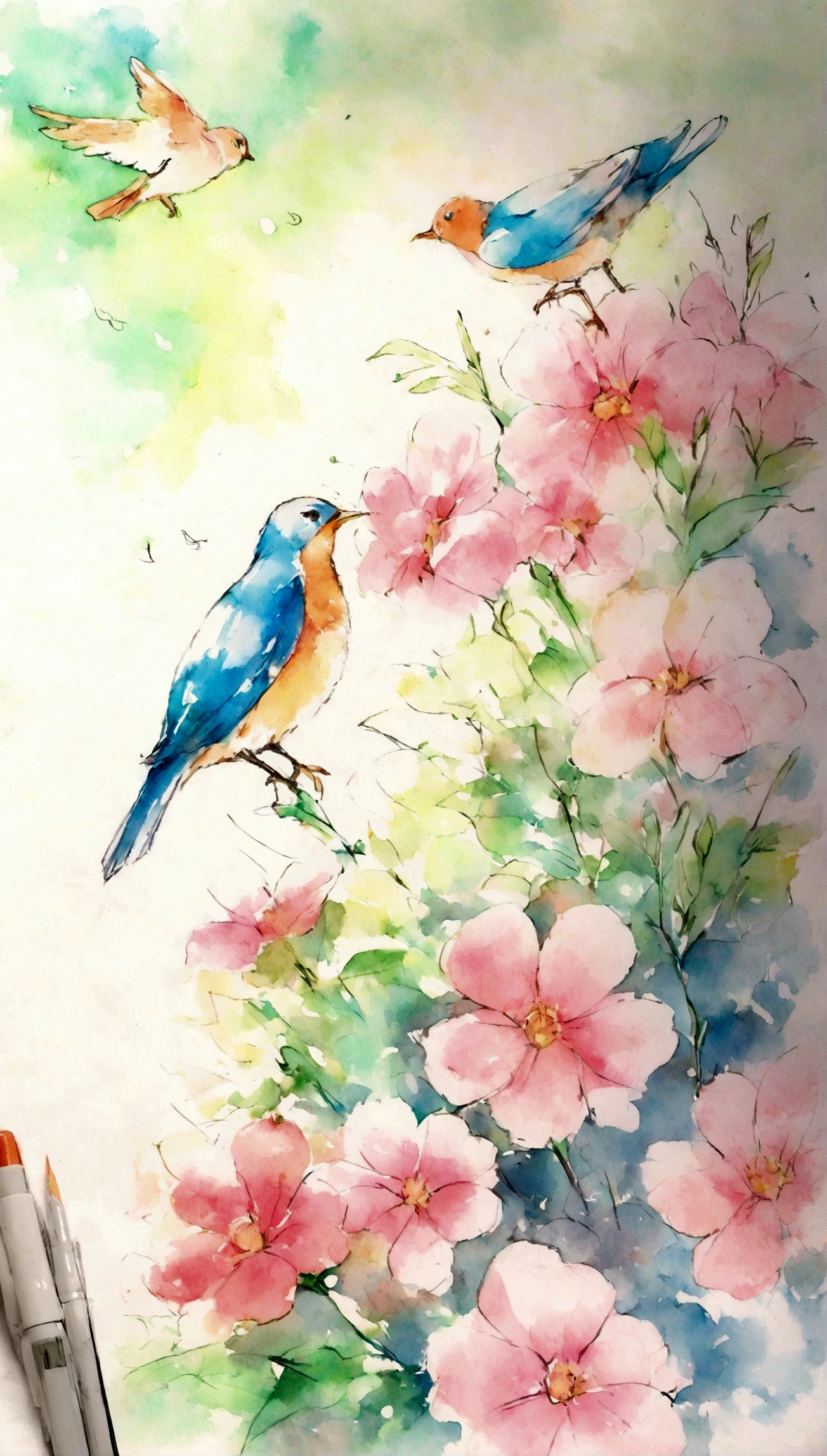 Flowers and birds, sketching, Watercolor color.