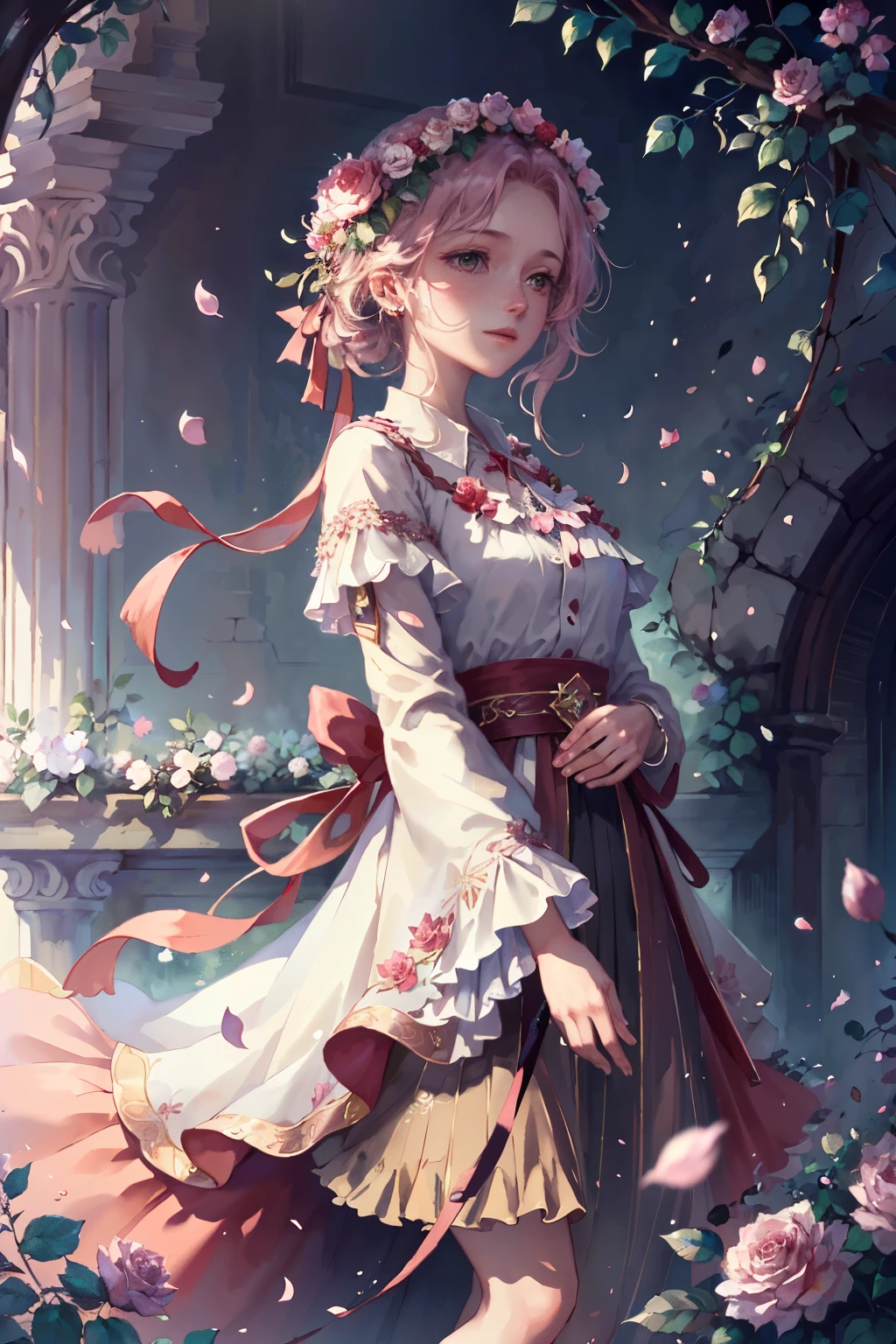 a beautiful, (epiphanic:1.1), (best quality), (masterpiece:1.1), extremely detailed CG Unity 8K wallpaper, rose bushes, rose petals, landscape, Leosia, pure