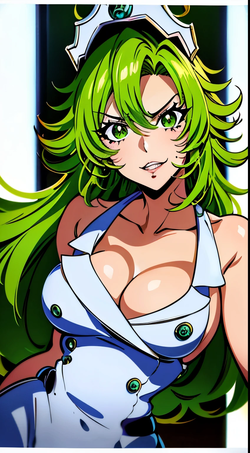 una caricatura de una mujer con cabello verde y un sombrero, lucio as a woman, caballeros de la chica del zodiaco, naughty anime girl, biomechanical oppai, portrait caballeros de la chica del zodiaco, Tatsumaki de one punch man, marin kitagawa fan art, Sil de especie, gesto sexy de pose de pudica, mujer humanoide reptil caliente, personaje de anime femenino