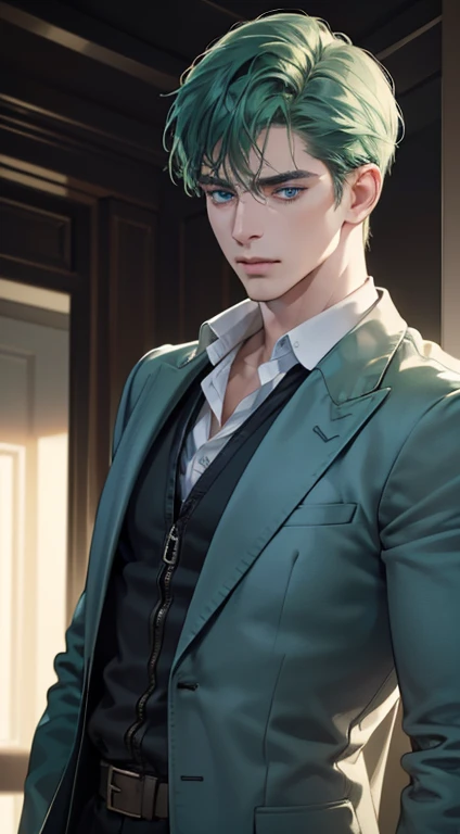 (best quality, masterpiece, 8K, photorealistic, cinematic lighting, 1:4 hdr image, ultra detailed, beautiful image), a mature man, 34 years very handsome, ((cold expression)), short green hair, blue eyes, face perfect without mistakes, ((buttoning his jacket, CEO))