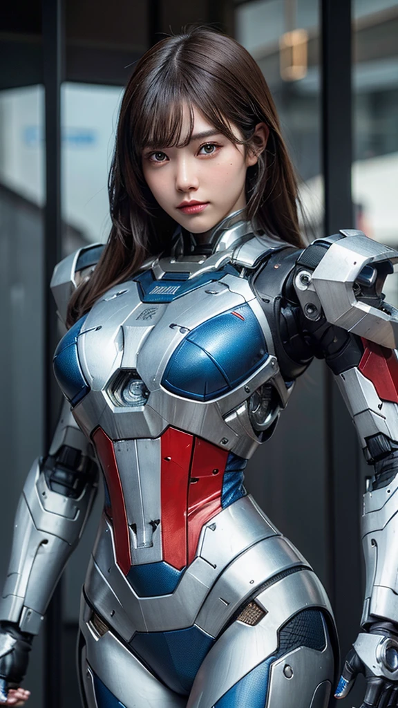 Textured skin, Super Detail, high details, High quality, Best Quality, hight resolution, 1080p, hard disk, Beautiful,(Iron Patriot),beautiful cyborg woman,Mecha Cyborg Girl,Battle Mode,Girl with a Mecha Body,She wears a futuristic Iron Patriot mech,Fulll body Shot