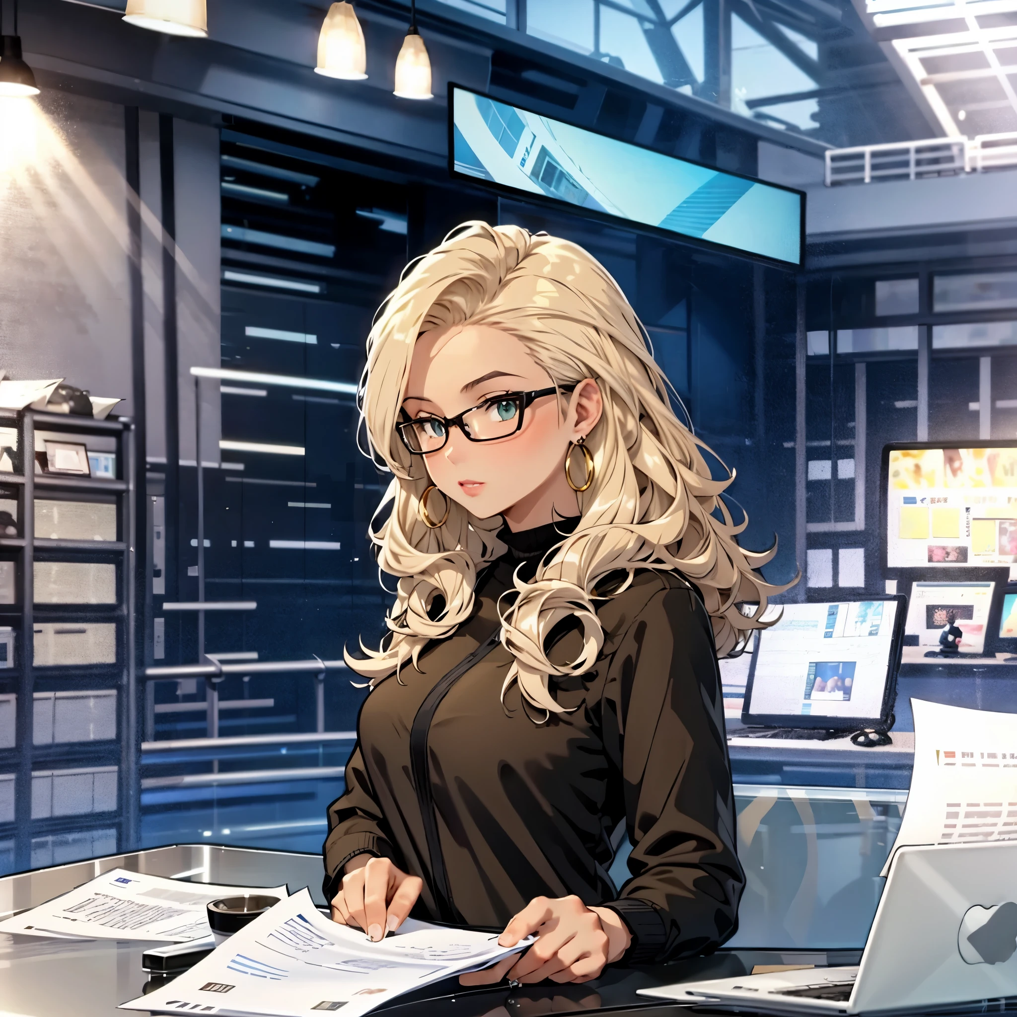 JS_News,leading news,in news studio,sits by the table,1 girl, brown skin, black curly hair, hair is messy in pony tail, laptop on the table,papers on the table, professional attire, black jacket, big nerdy glasses, big gold ring earrings