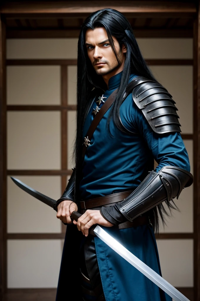 Long black haired swordsman with blue eyes 