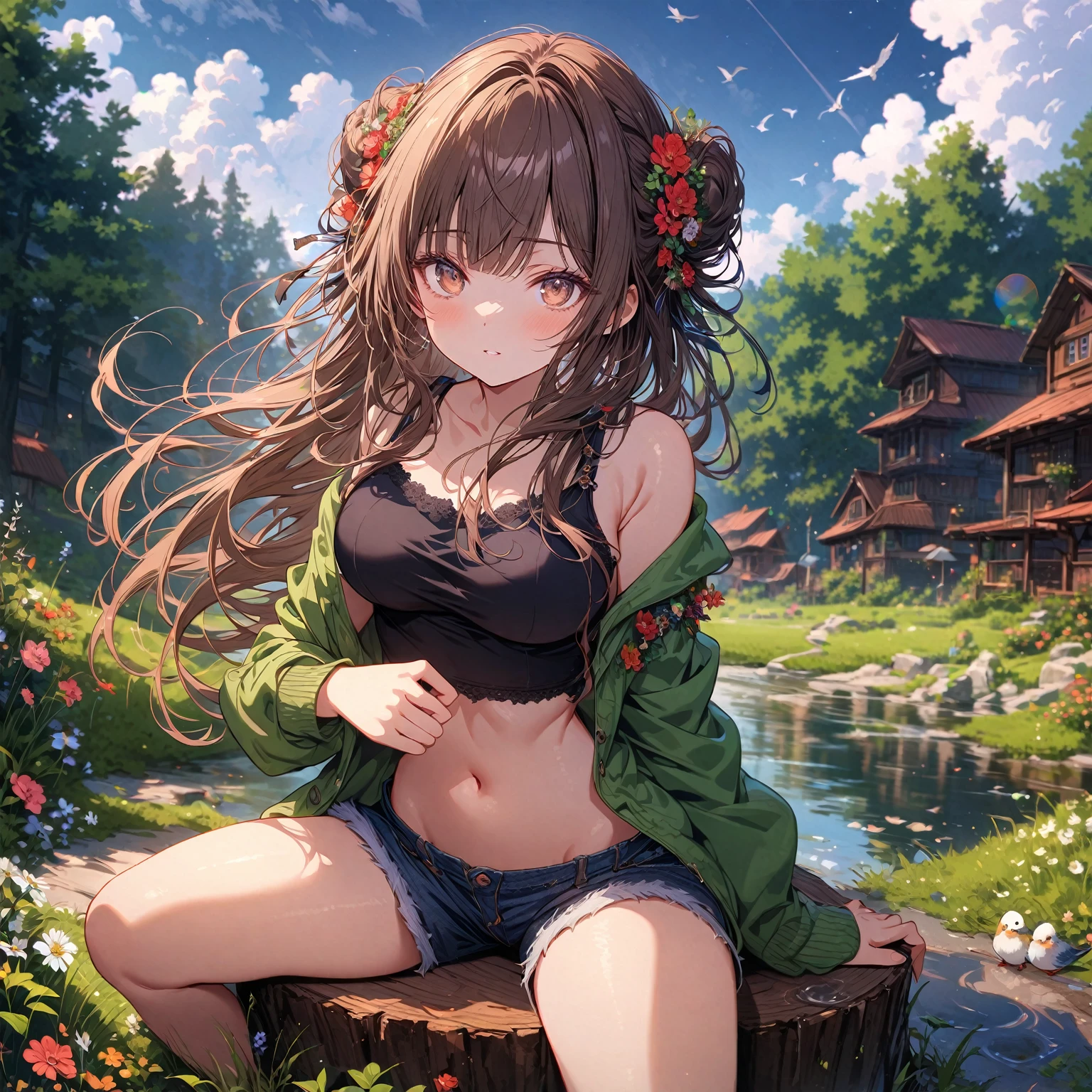 (best quality, absurdres, top details, high quality, very aesthetic, detailed, highest quality, newest, highres, ultra fine painting, masterpiece:0), digital art, official art, cinematic, 4k, 8k resolution, 8K CG wallpaper, CG, detailed background, blurry background, high resolution, epic lighting, RAW photo, POV, sharp focus, lens flare, light reflection, reflections, hard light, professional photography, good lighting, soft colors, looking at viewer, detailed lights and shadows, stylish, ultra-detailed, Pixiv, trending art, niji style, modern-days, master crafted, pose, (top quality, details:1.37), solo, 1girl, a girl, (medium big breasts:1.2), tight bust, big thighs, short torso, flushtered, casual, (innocent face, cute, slim), nice hips, nice body, brown hair, (long flowing hair:1.2) , twin buns hairstyle, long bangs, long hair, middle hair bangs, brown eyes, ((black string tanktop:1.2), tummy skin:1.1, off shoulder open green hoodie, shorts, outfit ornaments), flower garden, grass, flowers, tress, plants, puddle, birds, animals, clouds, branches, tree log, tree stump, outdoor, landscape, open field, forest area, no houses, no infrastructure, no house roofs, night time