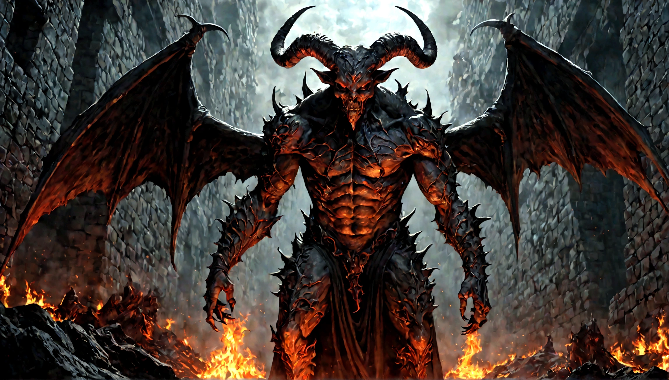 a terrifying demon lord, full body portrait, in the depths of hell, (best quality,4k,8k,highres,masterpiece:1.2),ultra-detailed,(realistic,photorealistic,photo-realistic:1.37),dark fantasy, dramatic lighting, hellfire, grim, chiaroscuro, dramatic pose, malevolent expression, detailed horns and wings, intricate demonic features, cinematic composition