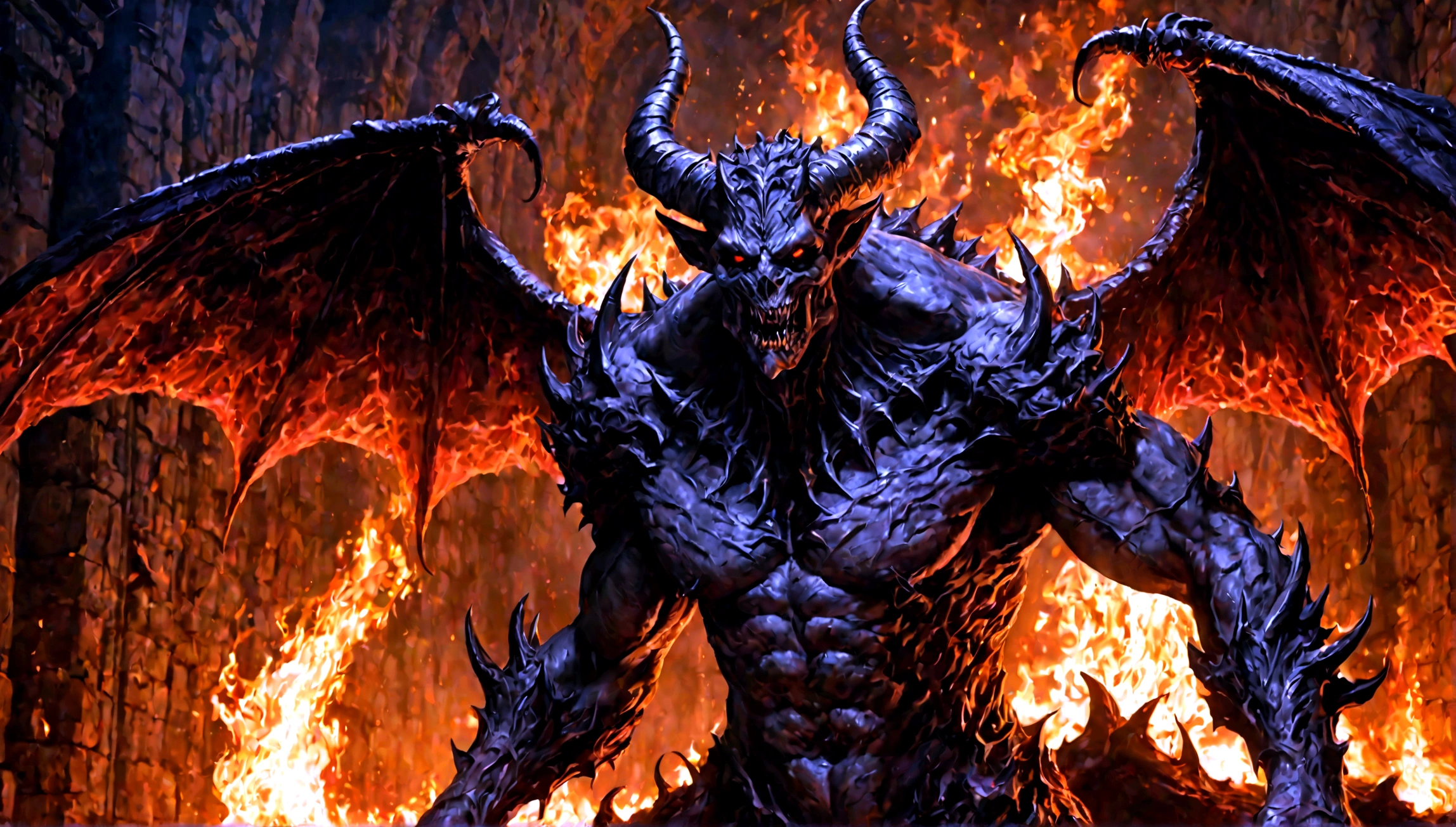 a terrifying demon lord, full body portrait, in the depths of hell, (best quality,4k,8k,highres,masterpiece:1.2),ultra-detailed,(realistic,photorealistic,photo-realistic:1.37),dark fantasy, dramatic lighting, hellfire, grim, chiaroscuro, dramatic pose, malevolent expression, detailed horns and wings, intricate demonic features, cinematic composition