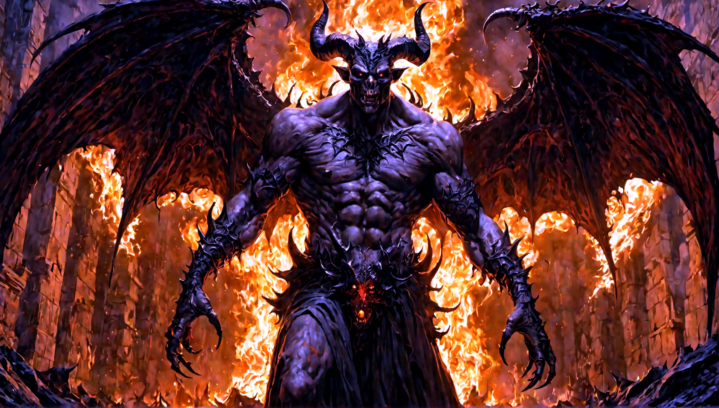 a terrifying demon lord, full body portrait, in the depths of hell, (best quality,4k,8k,highres,masterpiece:1.2),ultra-detailed,(realistic,photorealistic,photo-realistic:1.37),dark fantasy, dramatic lighting, hellfire, grim, chiaroscuro, dramatic pose, malevolent expression, detailed horns and wings, intricate demonic features, cinematic composition