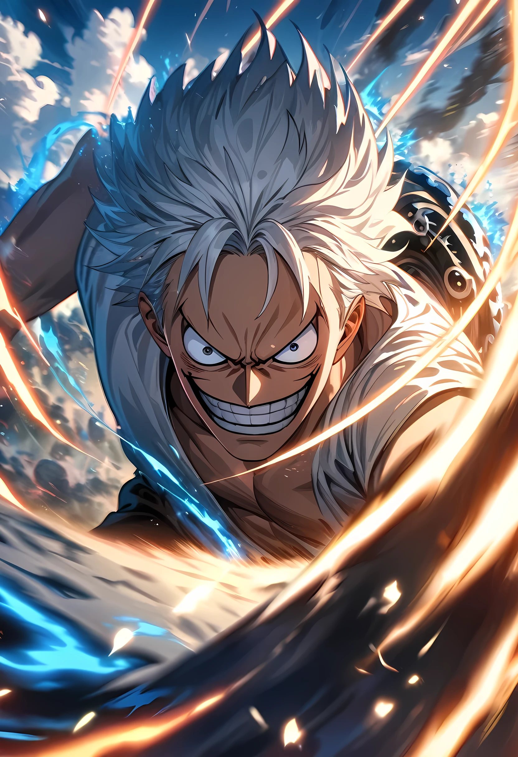 absurdres, highres, ultra detailed, HDR, masterpiece, extremely detailed face and eyes, Luffy Nika Gear 5,one piece , white hair ,white shirt , solo, man, handsome, ,funny face, , Epic fight scene, white clouds effect, glowing glitters