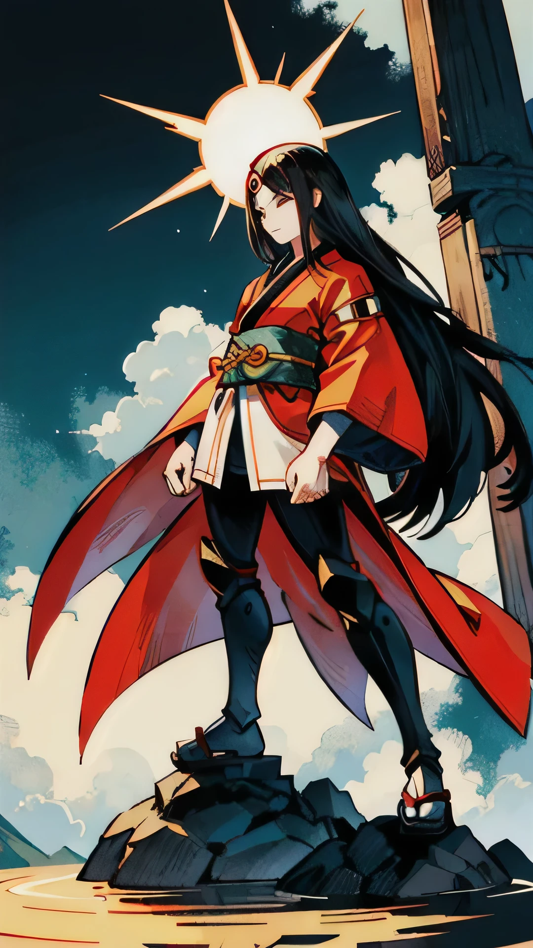 Amaterasu Omikami. God of Japanese mythology. Shining sun in the background. Long black hair. White and red kimono.Kamehameha