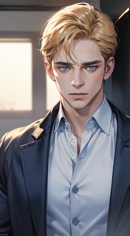 (best quality, masterpiece, 8K, photorealistic, cinematic lighting, 1:4 hdr image, ultra detailed, beautiful image), a mature man, 34 years very handsome, ((cold expression)), short golden hair, blue eyes, face perfect without mistakes, ((buttoning his jacket, CEO))