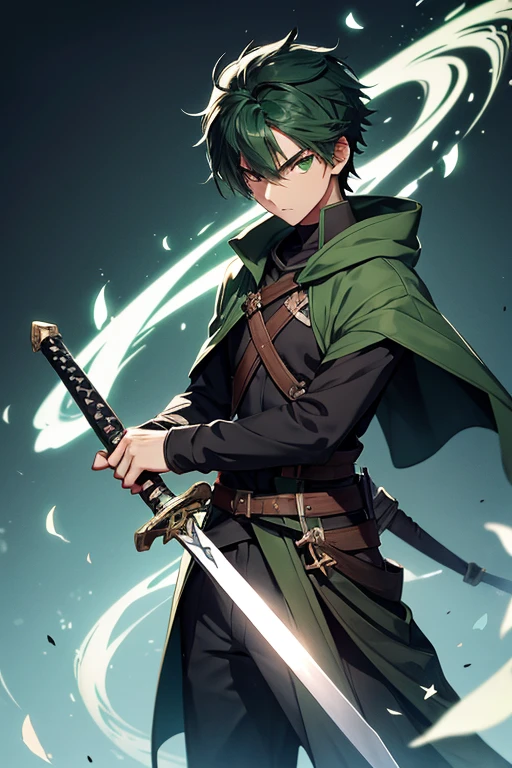 Create a swordsman teenage boy with dark green hair holding a sword in his left hand