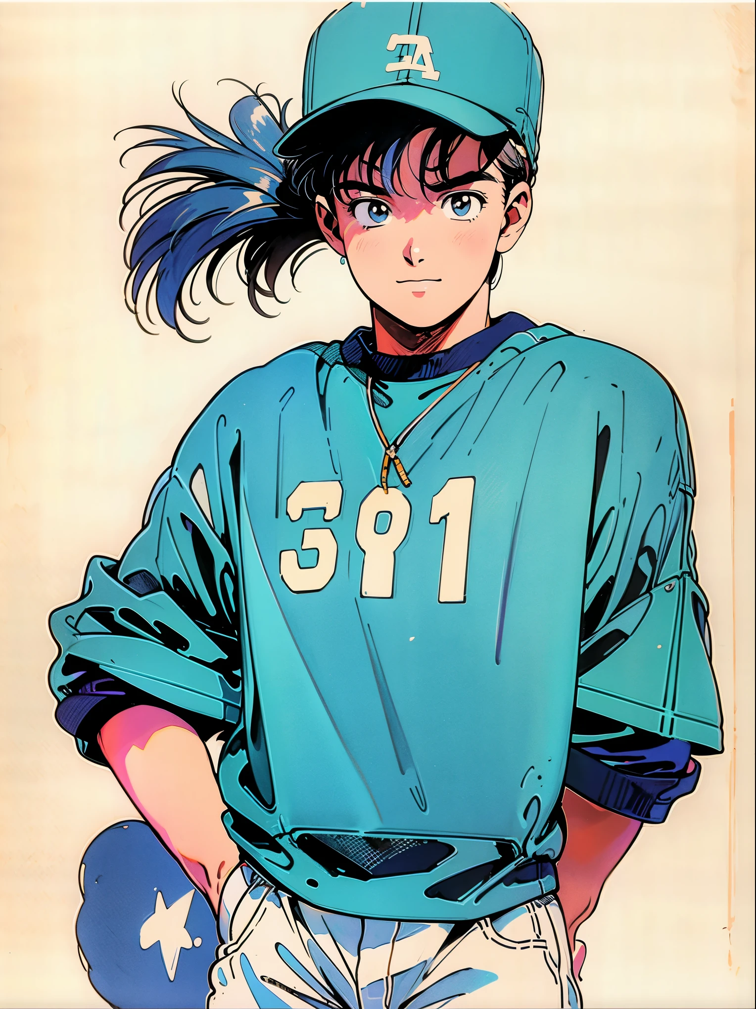 Woman in baseball cap,He is holding up a cigarette and smoking.。, Anime atmosphere of the 80s, 90s anime style, 90s anime style, 80s anime style, In 80s anime art style, 90s anime art style, Anime atmosphere, 80s anime art style, 1980's anime style,Neon Light