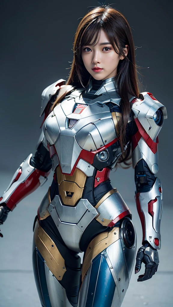 Textured skin, Super Detail, high details, High quality, Best Quality, hight resolution, 1080p, hard disk, Beautiful,(Iron Patriot),beautiful cyborg woman,Mecha Cyborg Girl,Battle Mode,Girl with a Mecha Body,She wears a futuristic Iron Patriot mech,Fulll body Shot