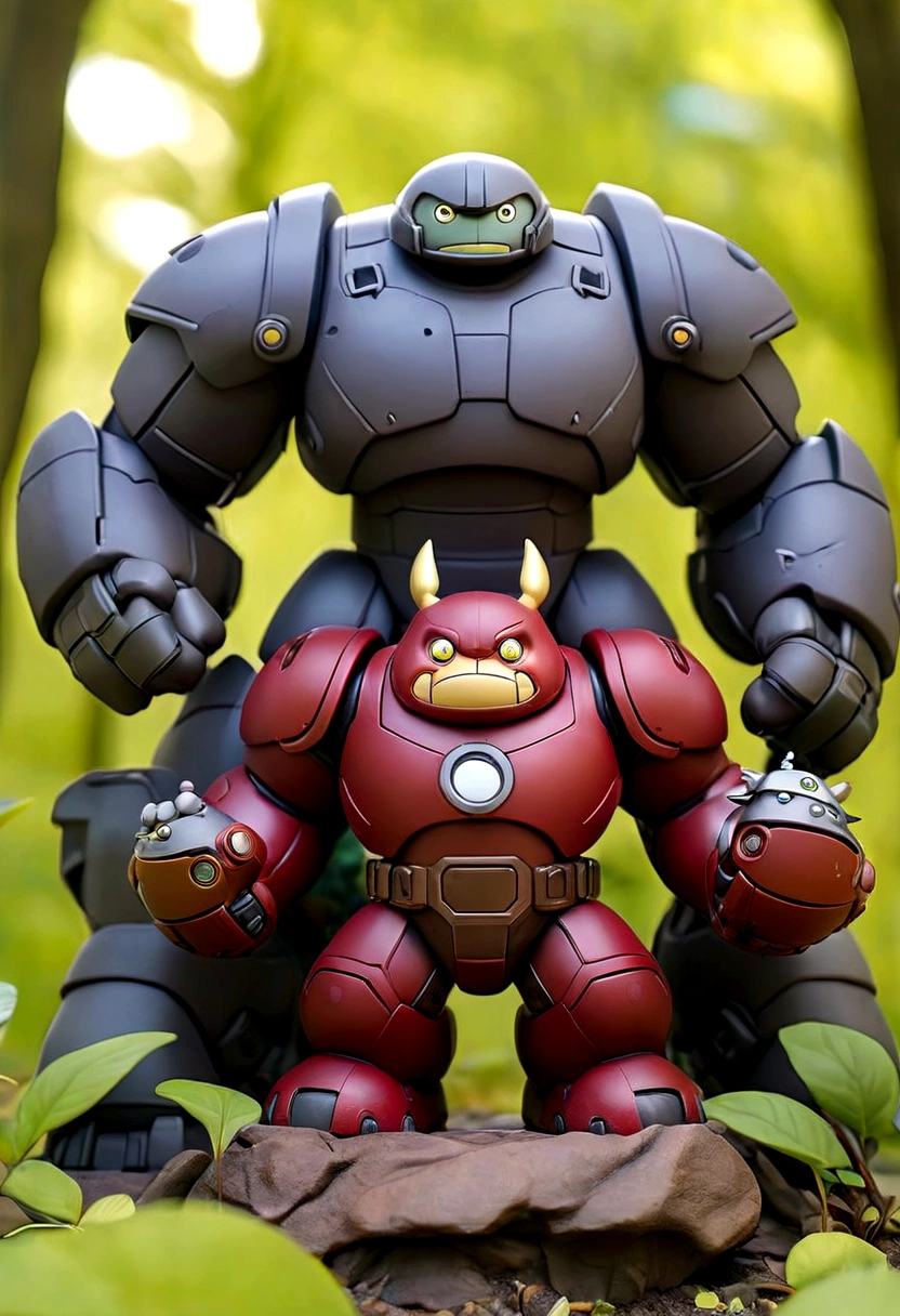 a small rusty hulkbuster x totoro figure, wear dirty cloak, IN THE CITY PARK, black steel mecha accent, hero pose, bird eye view, holding a sword, dieter ram style, trees