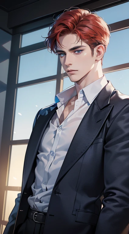 (best quality, masterpiece, 8K, photorealistic, cinematic lighting, 1:4 hdr image, ultra detailed, beautiful image), a man, 34 years very handsome, ((cold expression)), short red hair, blue eyes, face perfect without mistakes, ((buttonhis jacket, CEO))