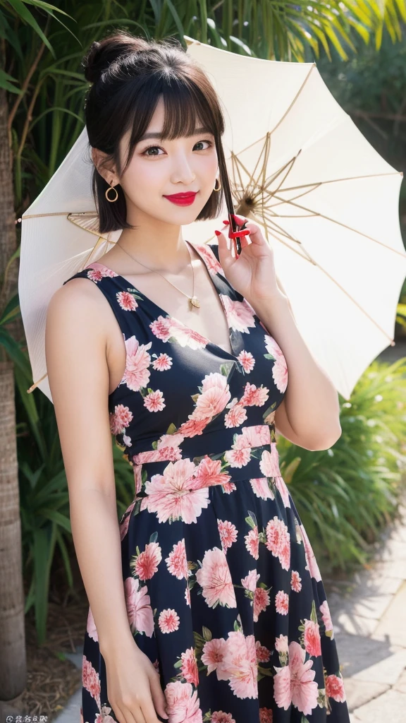 Tzuyu 1, woman, (Realistic), (Hyperrealism), (photoRealistic), Written boundary depth, eye make up:0.7 (whole body:1.8), (Large Bust),(Tight waist), Observe the audience,At the flower garden, Fashion Model, A sexy dress with open shoulders and neckline