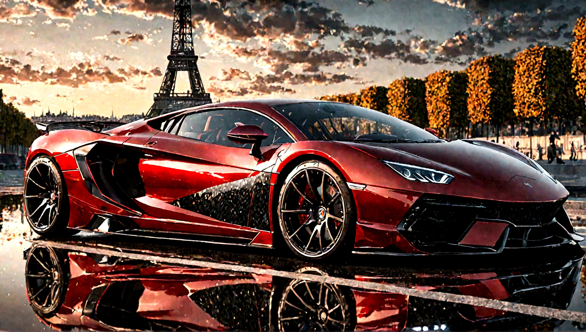 a high quality, hyper realistic, 8k, red and black supercar, aggressive design, eiffel tower in the background, dramatic lighting, detailed reflections, intricate details, cinematic composition, glossy finish, metallic paint, sleek lines, powerful engine, racing tires, sports exhaust, carbon fiber accents