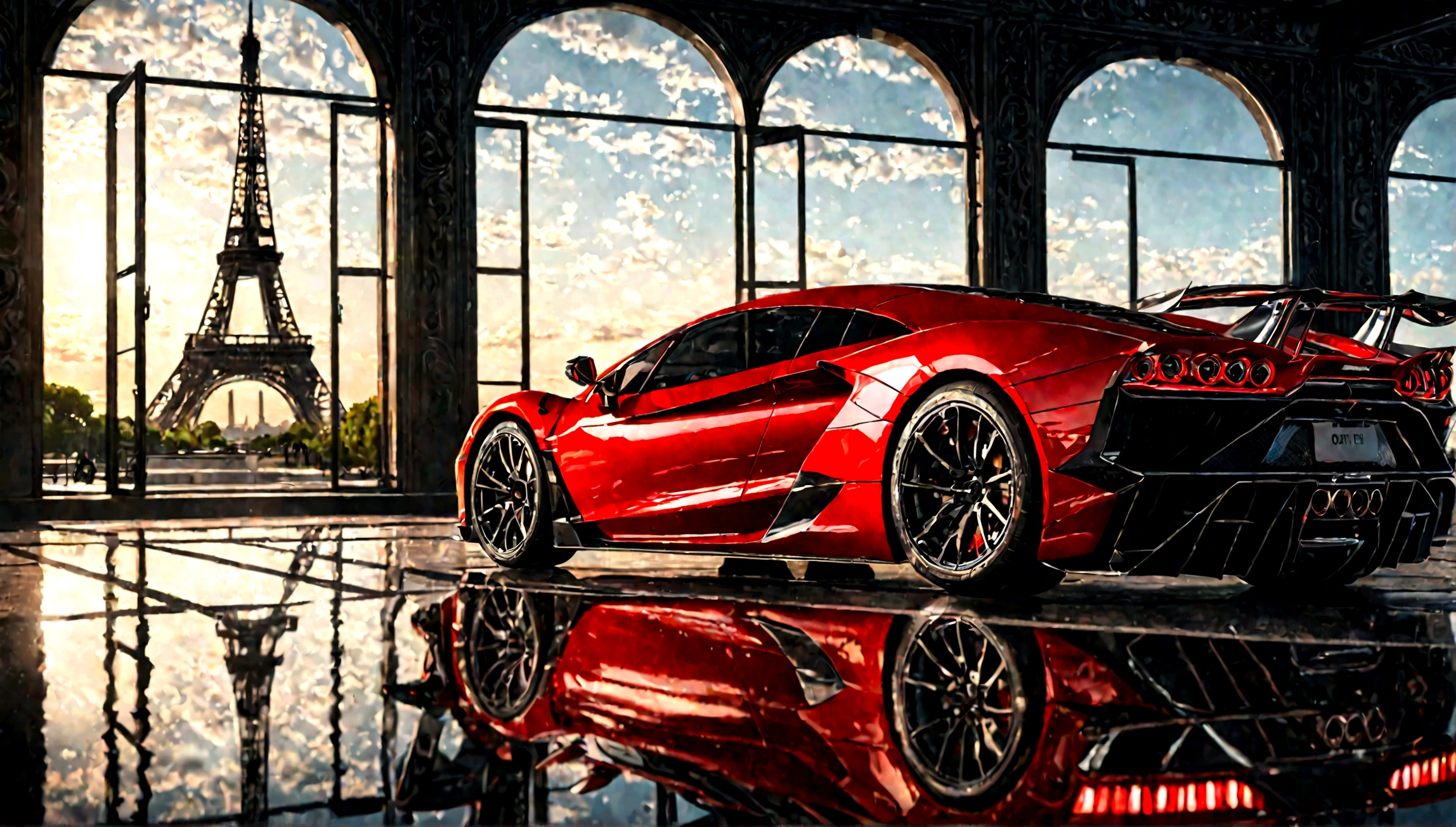 a high quality, hyper realistic, 8k, red and black supercar, aggressive design, eiffel tower in the background, dramatic lighting, detailed reflections, intricate details, cinematic composition, glossy finish, metallic paint, sleek lines, powerful engine, racing tires, sports exhaust, carbon fiber accents