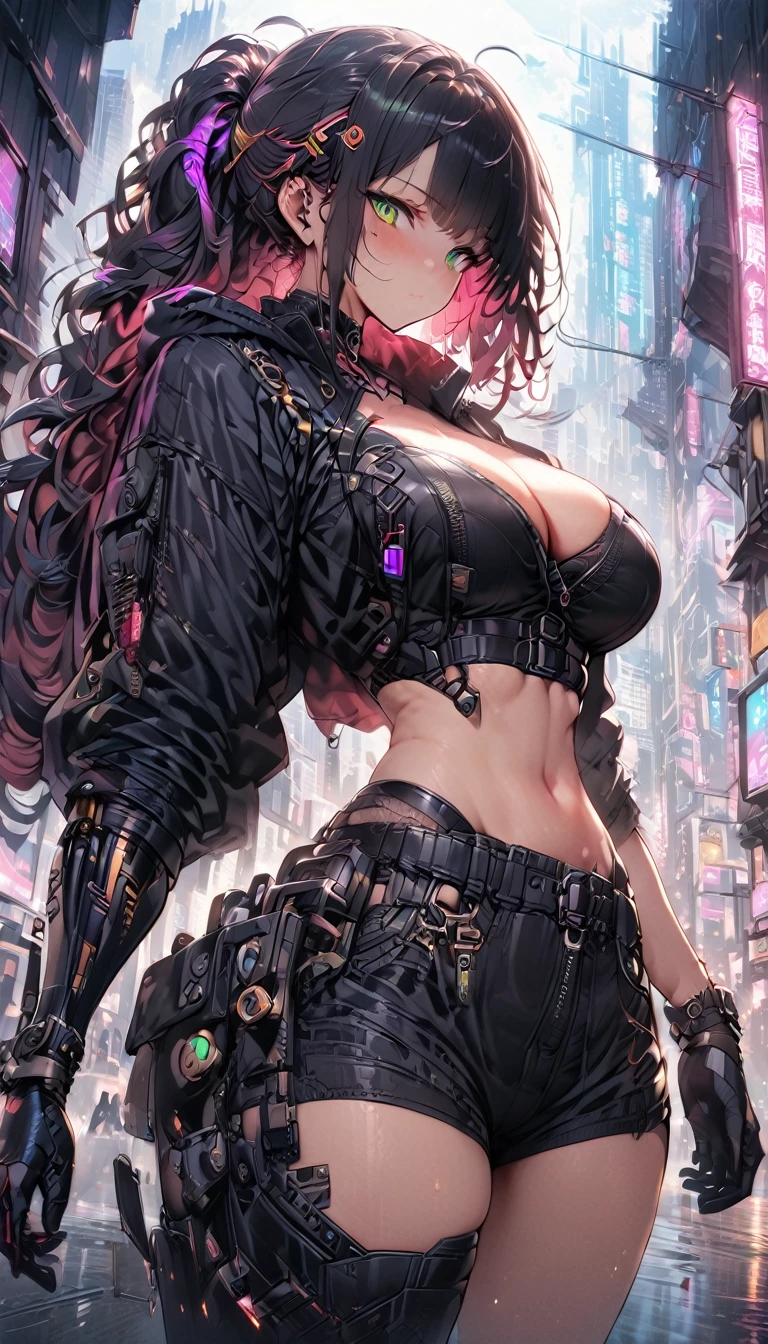 best quality,4k,8k, highres, masterpiece:1.2), ultra-detailed, extremely detailed eyes, extremely detailed body, (large masterpiece digital art), (detailed manga illustration), (detailed line art), ((perfect anatomy)), (intricate details:1.3), (ultra-detailed:1.3), (illustration:1.3), (sharp focus:1.3), (natural lighting:1.05), (vivid colors:1.3), (masterpiece), best quality, expressive eyes, perfect face, 1 girl, breasts, cleavage, gloves, large breasts, cyberpunk clothes, black jacket, dark blue hair, very long hair, messy hair, green eyes, curvy physique, athletic build, alluring outfit, shorts, fighting stance, huge ass, cyberworld, cinematic lighting, dramatic atmosphere,