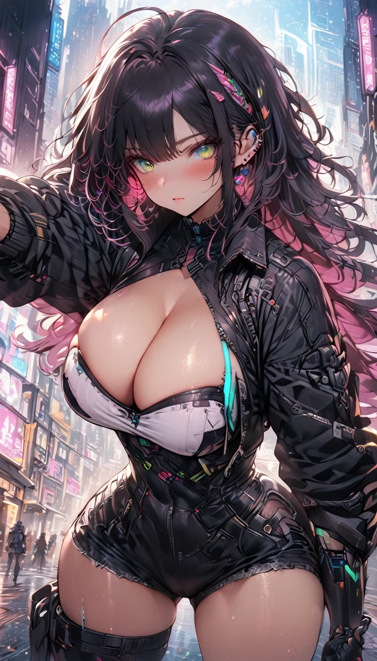 best quality,4k,8k, highres, masterpiece:1.2), ultra-detailed, extremely detailed eyes, extremely detailed body, (large masterpiece digital art), (detailed manga illustration), (detailed line art), ((perfect anatomy)), (intricate details:1.3), (ultra-detailed:1.3), (illustration:1.3), (sharp focus:1.3), (natural lighting:1.05), (vivid colors:1.3), (masterpiece), best quality, expressive eyes, perfect face, 1 girl, breasts, cleavage, gloves, large breasts, cyberpunk clothes, black jacket, dark blue hair, very long hair, messy hair, green eyes, curvy physique, athletic build, alluring outfit, shorts, fighting stance, huge ass, cyberworld, cinematic lighting, dramatic atmosphere,