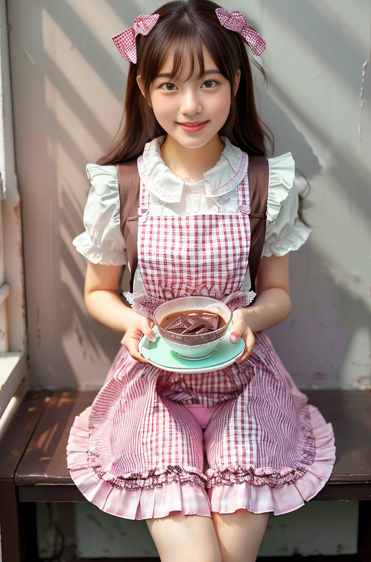 (masterpiece, highest quality:1.2), One girl, woman, 23 years old、 cute、(cuteメイド服を着ている), (Pink gingham check maid outfit:1.5)) Idol Style、smile、(おしゃれでcute喫茶店内:1.4)、whole body、(He brought me a tray of chocolate mint juice..;1.4)、summer、hot、White underwear